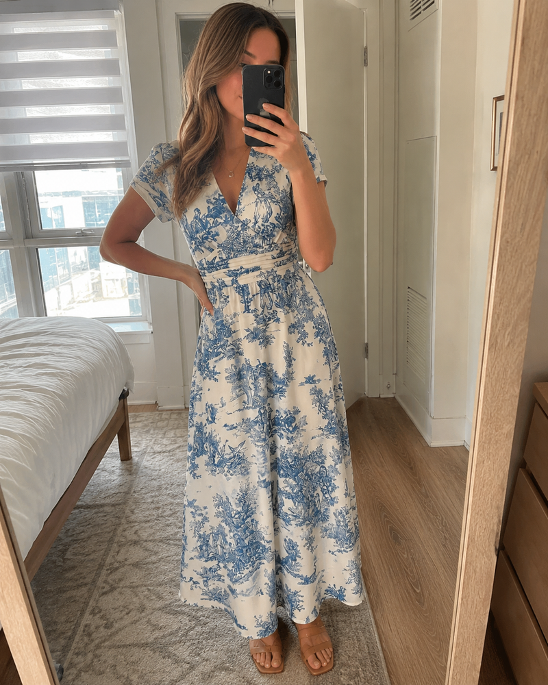 Customer photo: mirror selfie in the Colette dress with flat sandals, hem reaching the floor