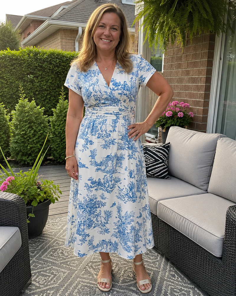 Customer photo: woman wearing the Colette dress on a garden patio in the evening sun