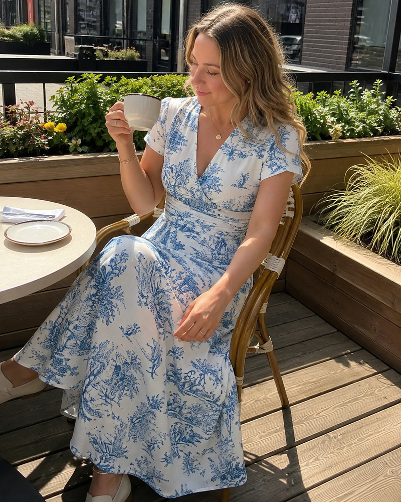 Customer photo: woman seated on a cafe terrace in the Colette dress, skirt spread across the chair