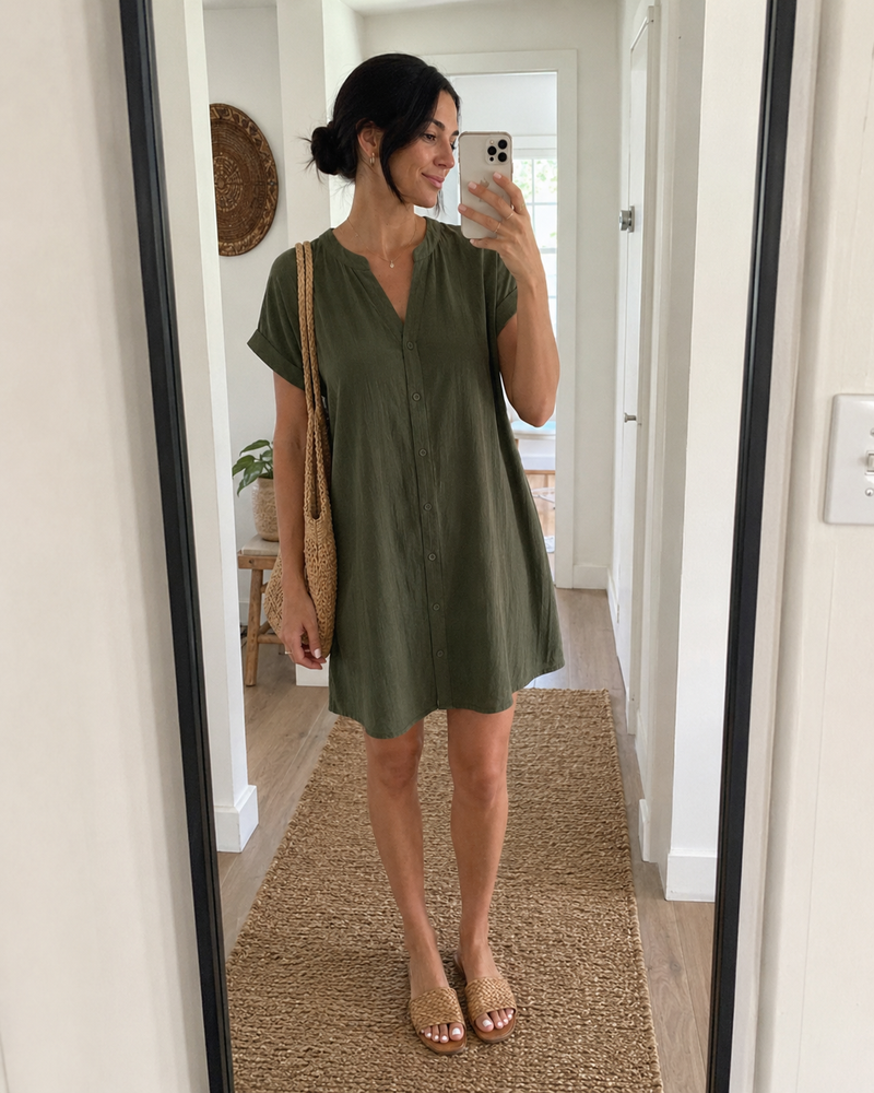 Woman wearing the Odette shirt dress in olive green with woven sandals and a straw bag