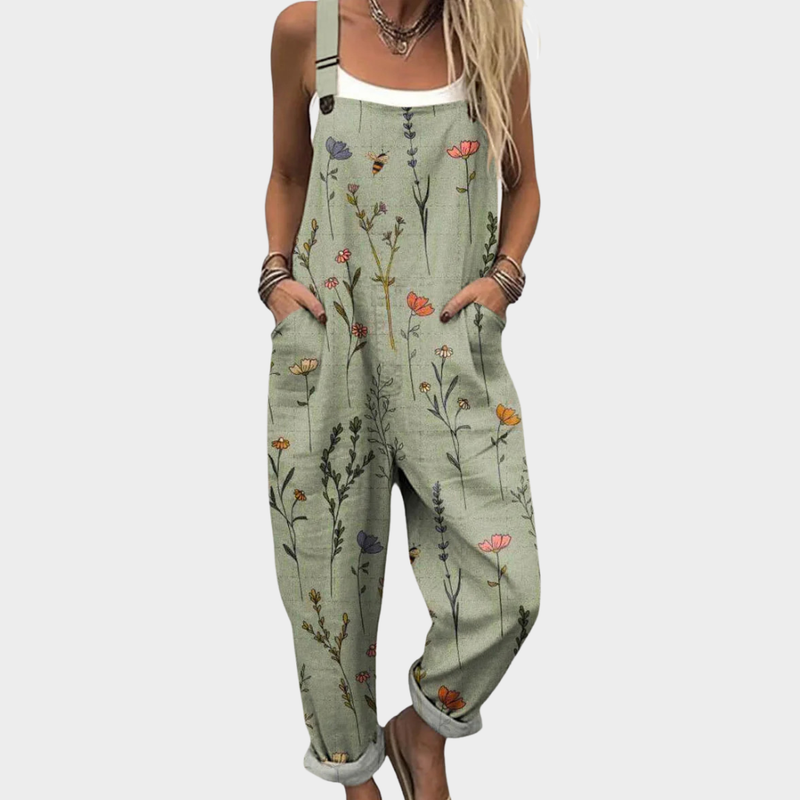 Printed wide-leg overall with adjustable straps
