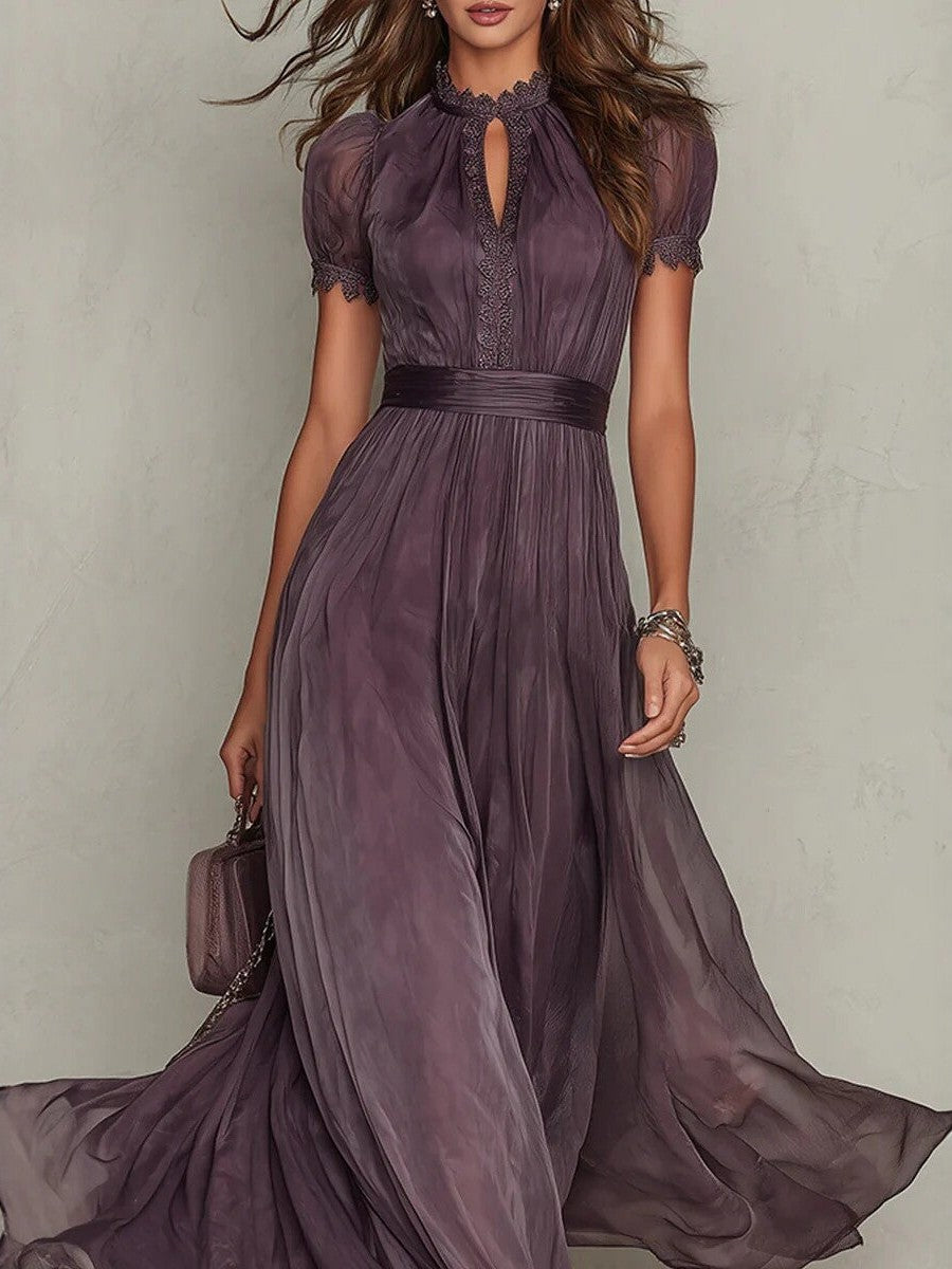 Woman wearing a lace-panel maxi dress