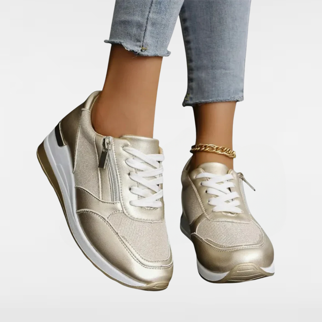 Jenny | Baskets de mode à lacets et fermeture éclair latérale en argent et or scintillants