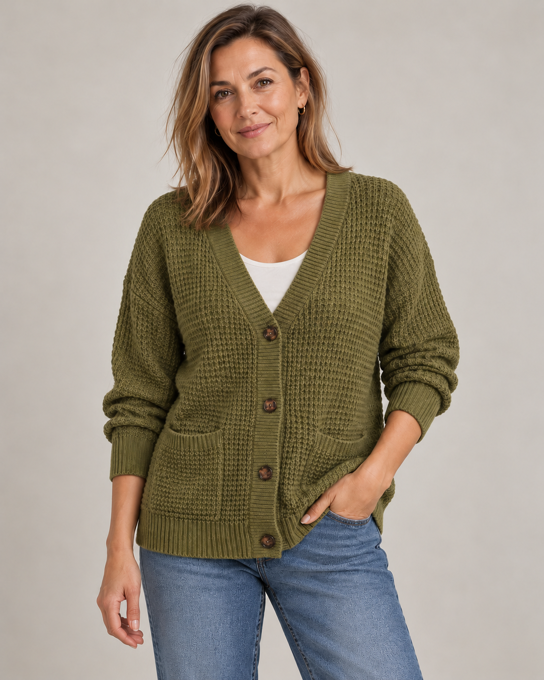 Elise waffle-knit cardigan in green, worn open over a white tee and jeans
