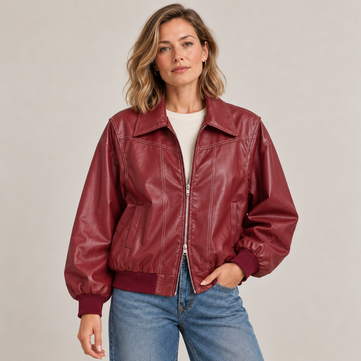 Jodie faux leather jacket – red, worn over a cream T-shirt with jeans