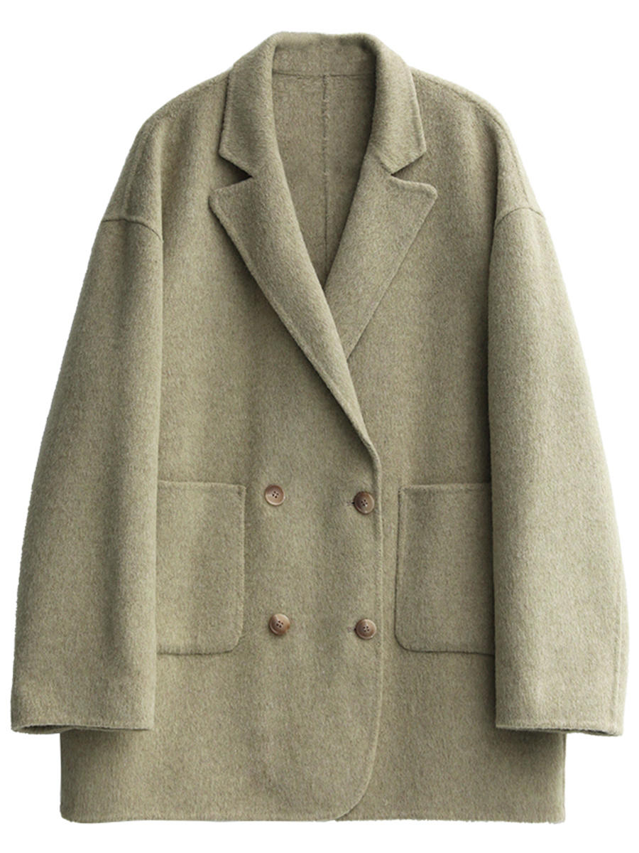 Agathe wool coat – sage, laid flat with the notch lapels, four buttons and patch pockets