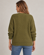 From the back: dropped shoulders and a ribbed hem
