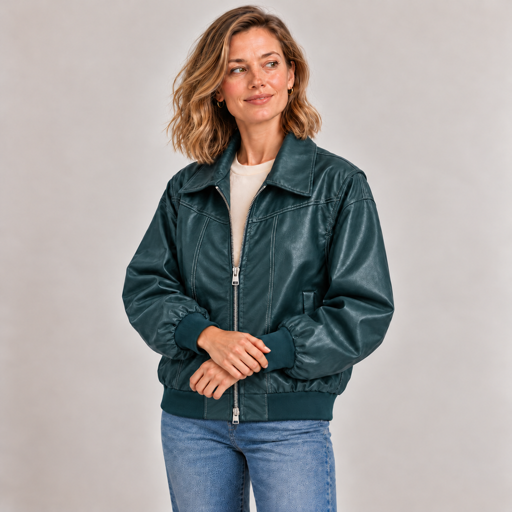 Jodie faux leather jacket – teal, zipped over a cream T-shirt