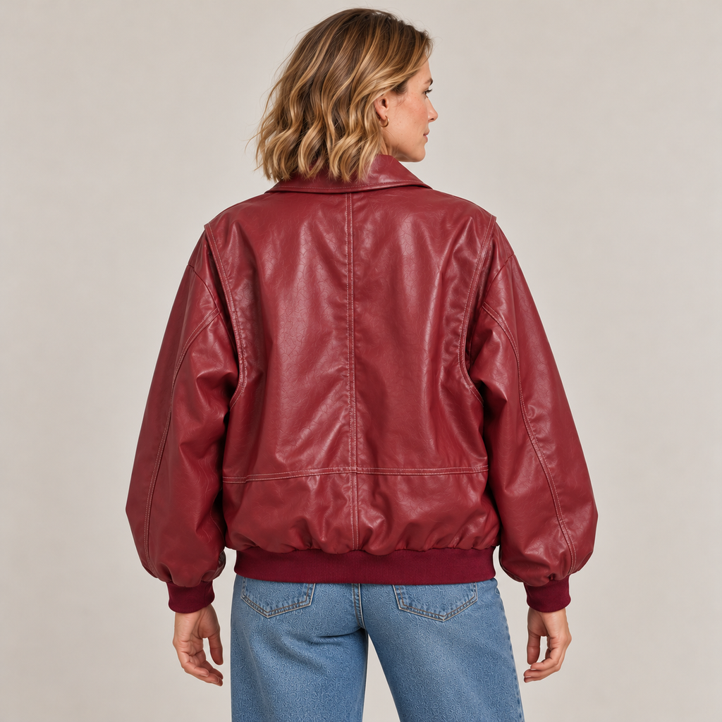 Jodie faux leather jacket – red, back view with the ribbed hem and cuffs
