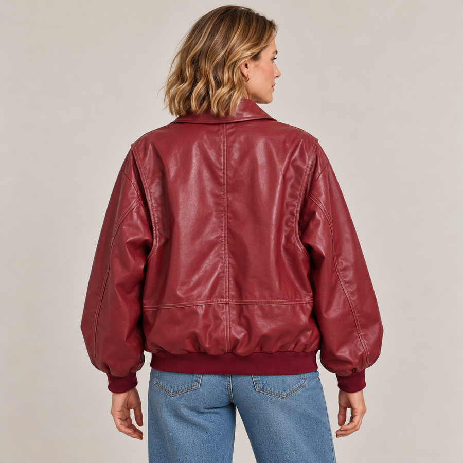 Jodie faux leather jacket – red, back view with the ribbed hem and cuffs