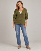 Full length, buttoned over a white tee with straight-leg jeans and ankle boots