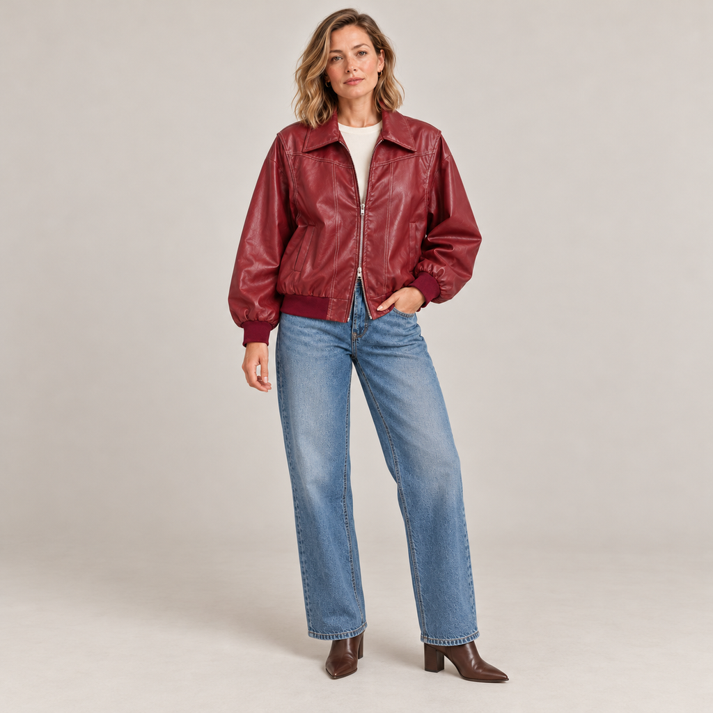Jodie faux leather jacket – red, full length with wide-leg jeans and ankle boots