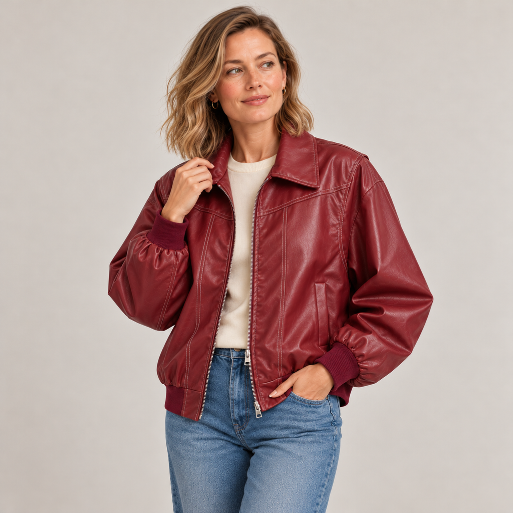 Jodie faux leather jacket – red, worn open over a cream T-shirt