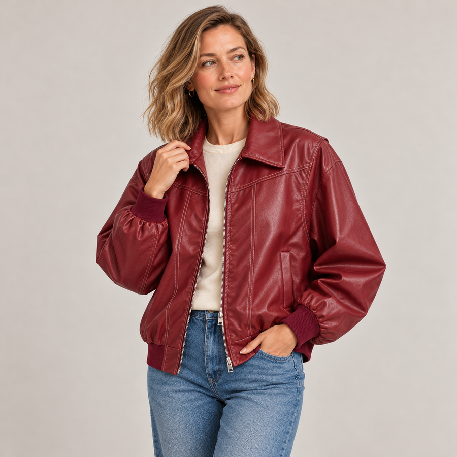 Jodie faux leather jacket – red, worn open over a cream T-shirt