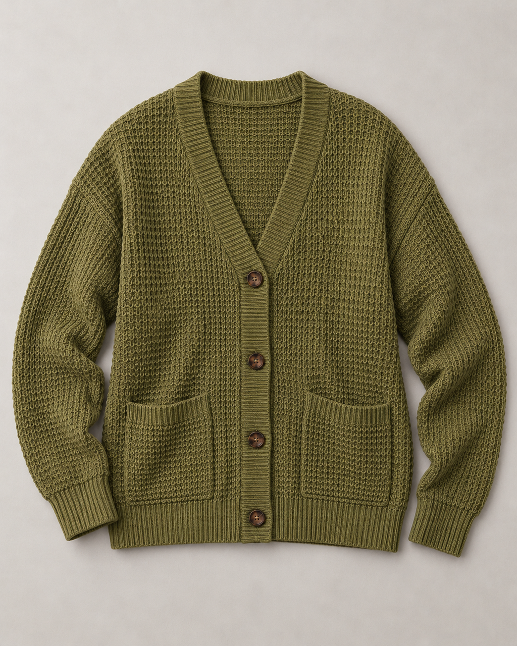 Laid flat: V-neck, four buttons and two patch pockets