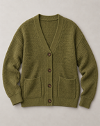 Laid flat: V-neck, four buttons and two patch pockets