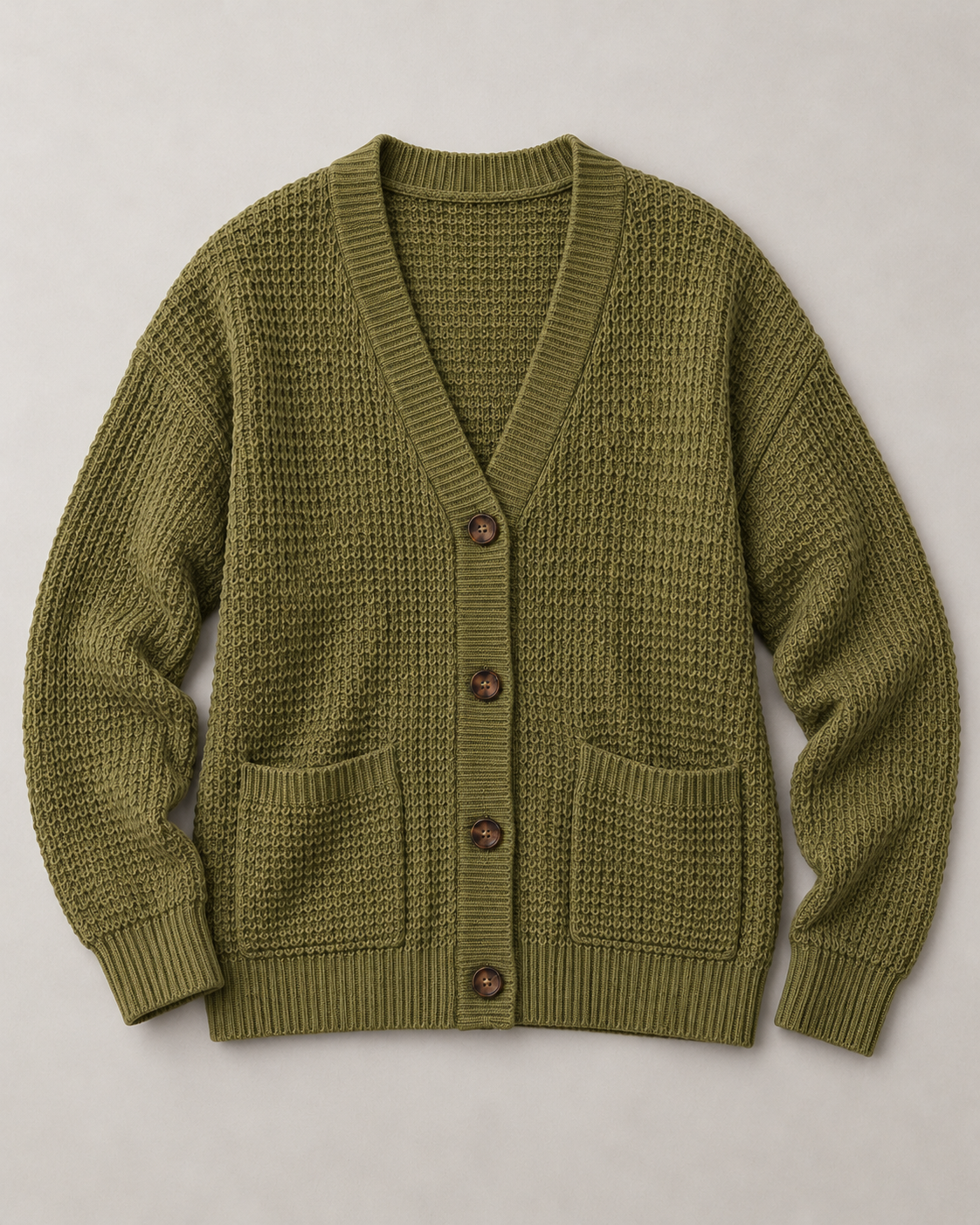 Laid flat: V-neck, four buttons and two patch pockets