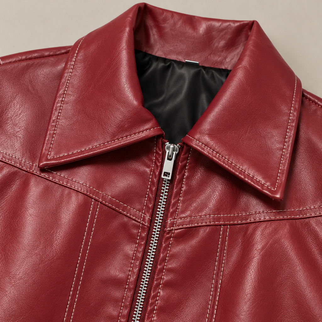 Jodie faux leather jacket – red, close-up of the point collar, zip and contrast stitching