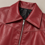 Jodie faux leather jacket – red, close-up of the point collar, zip and contrast stitching