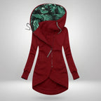 Maren long zip jacket – burgundy, front view with the two front pockets