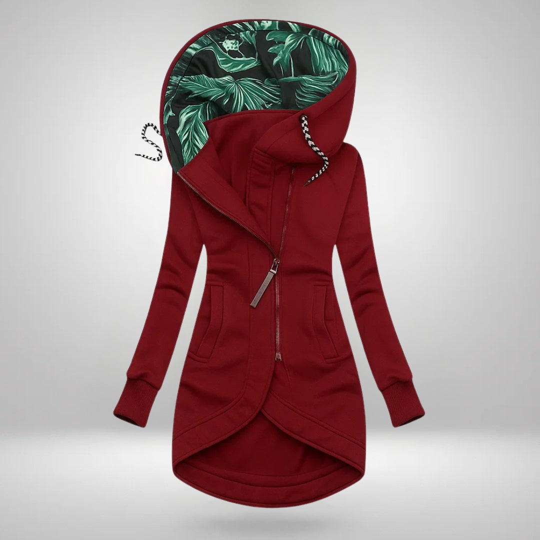 Maren long zip jacket – burgundy, front view with the two front pockets