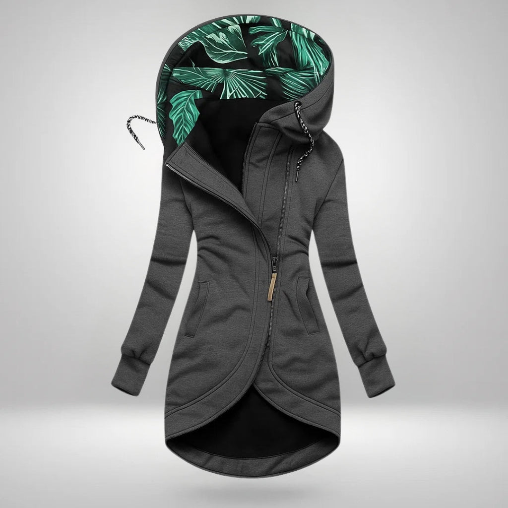 Maren long zip jacket – grey, front view zipped up with the leaf-print hood lining