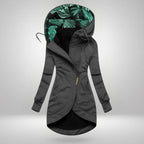 Maren long zip jacket – grey, front view zipped up with the leaf-print hood lining