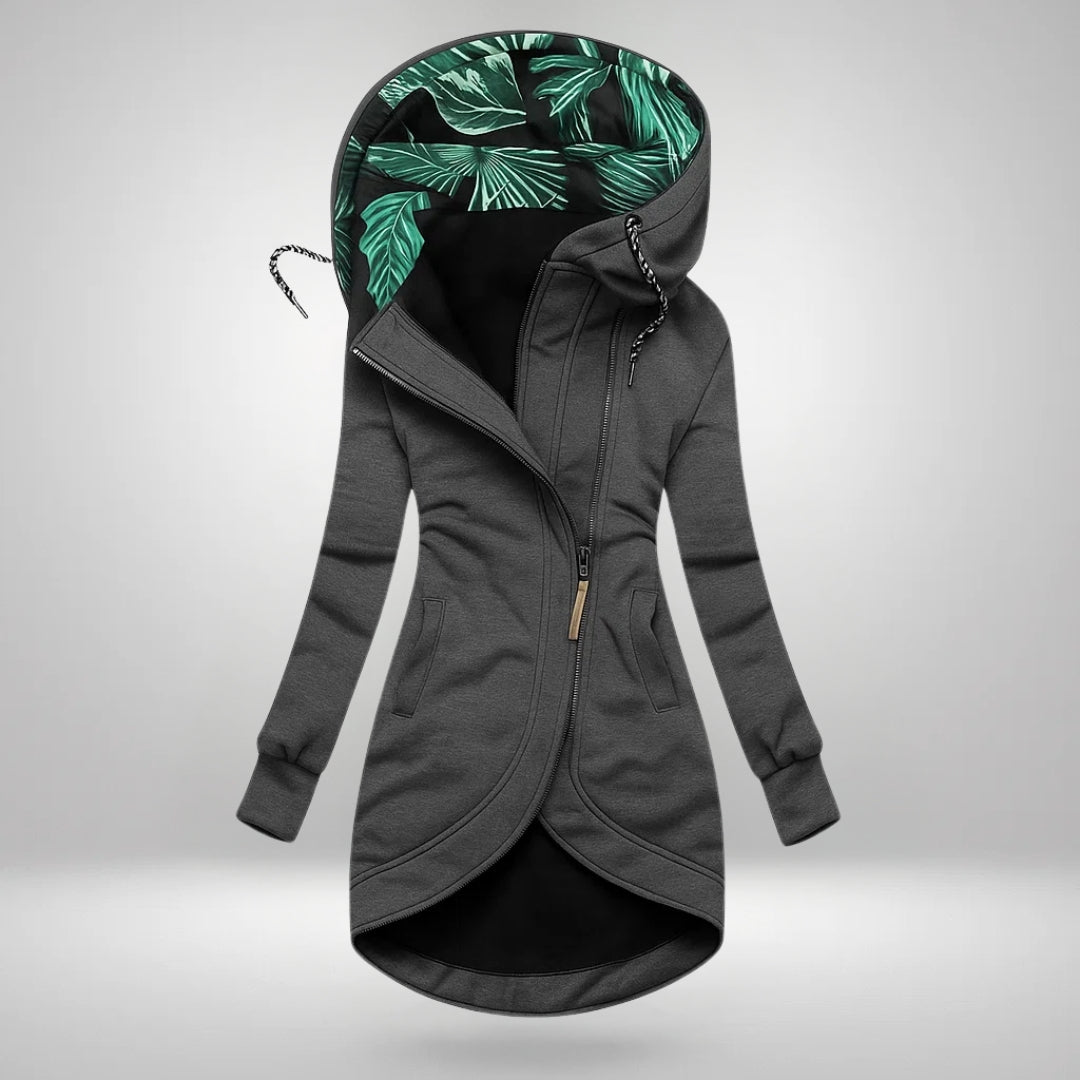 Maren long zip jacket – grey, front view zipped up with the leaf-print hood lining