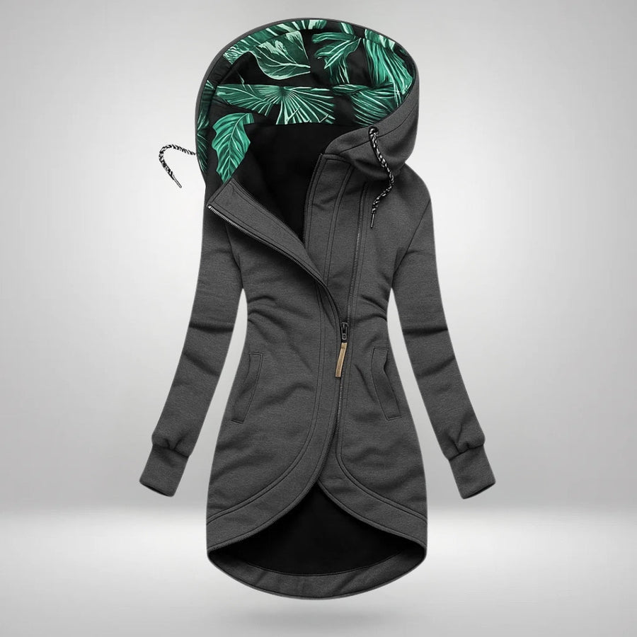 Maren long zip jacket – grey, front view zipped up with the leaf-print hood lining