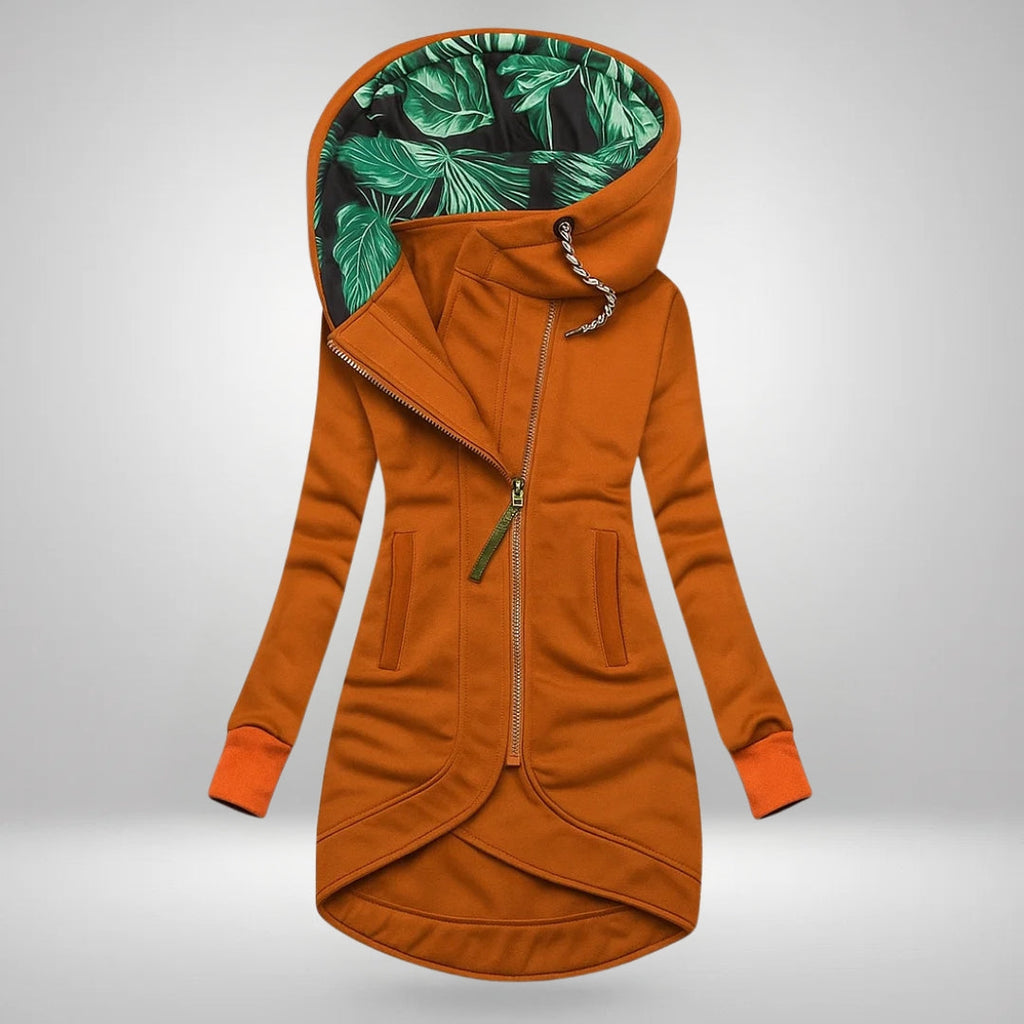 Maren long zip jacket – orange, front view with the curved hem
