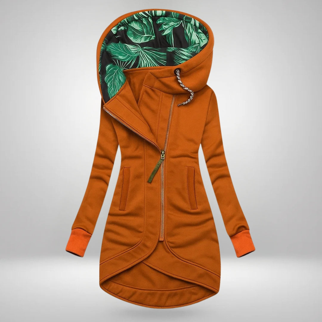 Maren long zip jacket – orange, front view with the curved hem