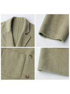 Agathe wool coat – sage, close-ups of the lapel, patch pocket, button, cuff and hem