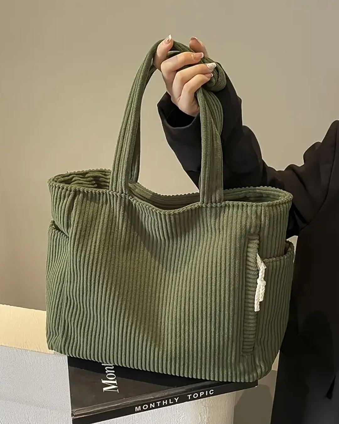 SOCIANI™ – Trending Ribbed Tote Bag with Drawstring Detail