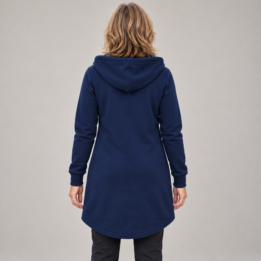 Maren long zip jacket – blue, back view with the hood down and the curved hem