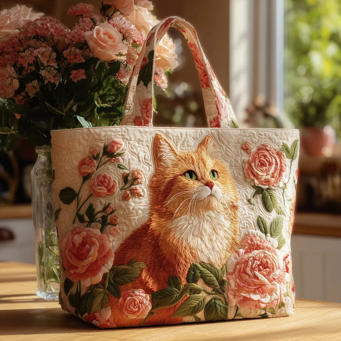 Emmeline – Red Cat and Roses Tote Bag