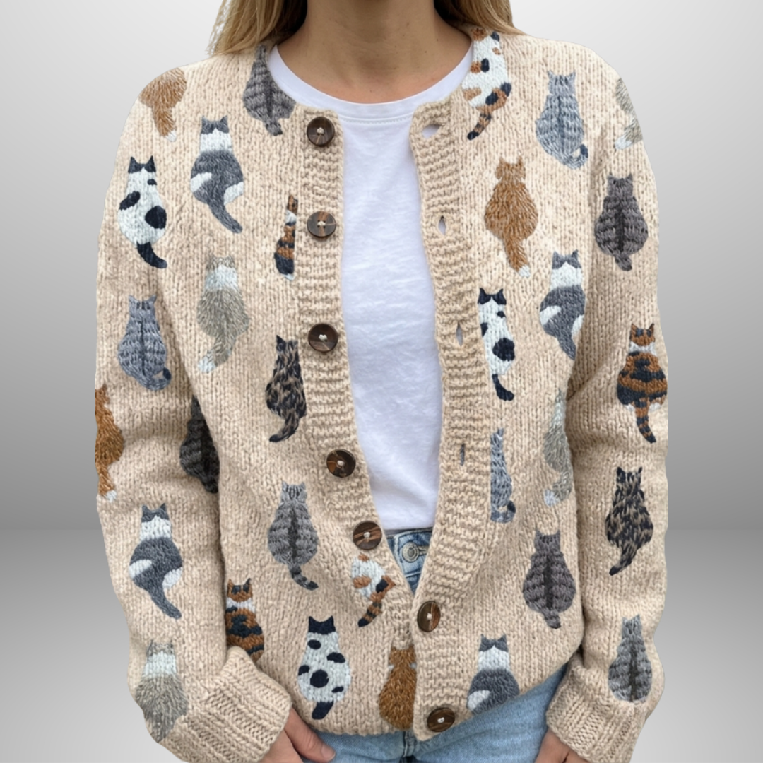 Marilyn | Cardigan à Motif de Chats Doux