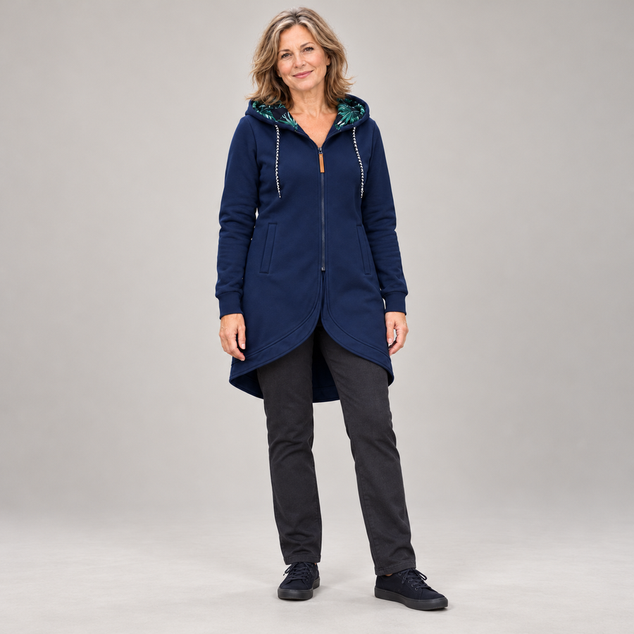Maren long zip jacket – blue, full length with dark trousers and sneakers