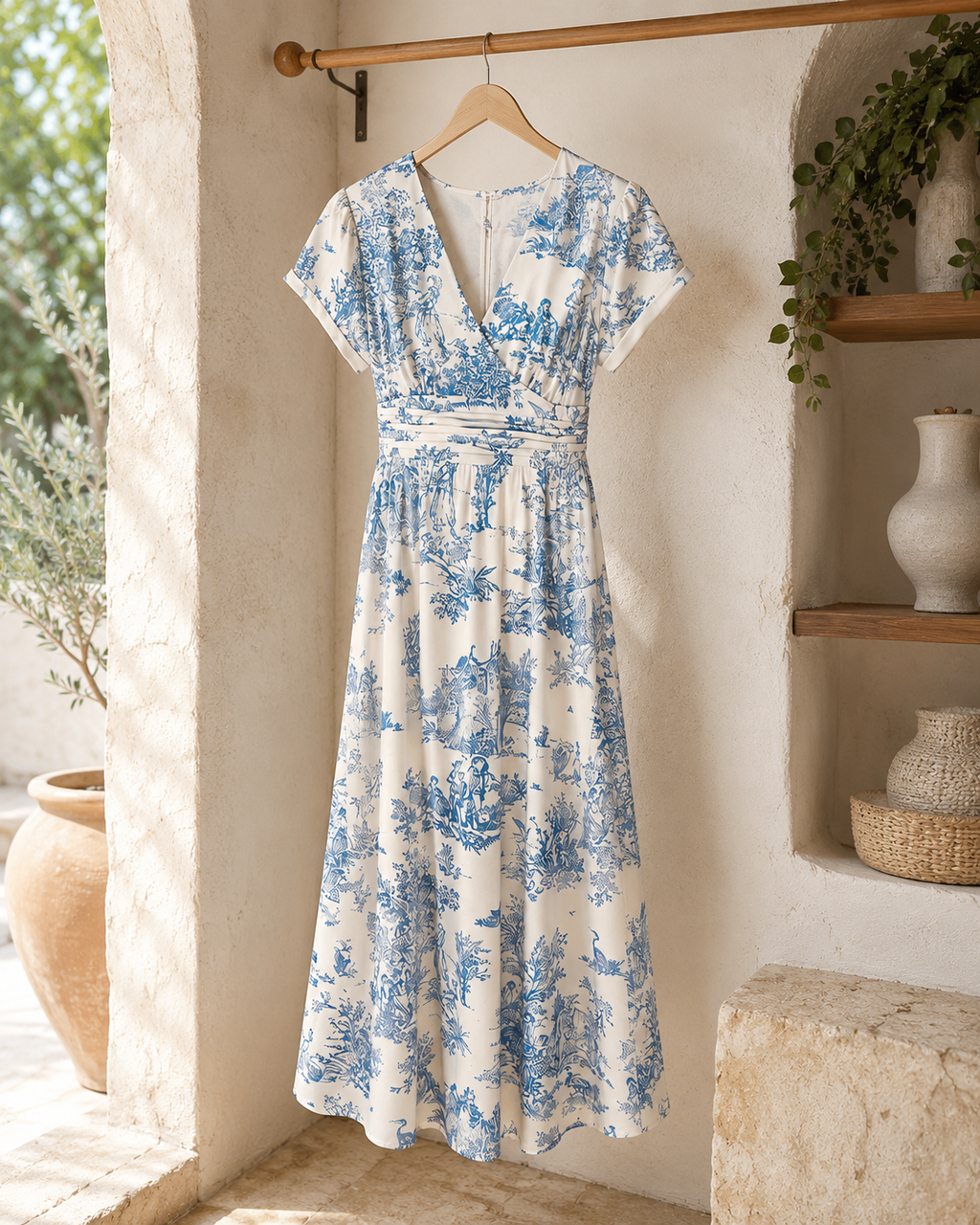 The Colette dress on a wooden hanger against a plaster wall, showing the full length and the back zip