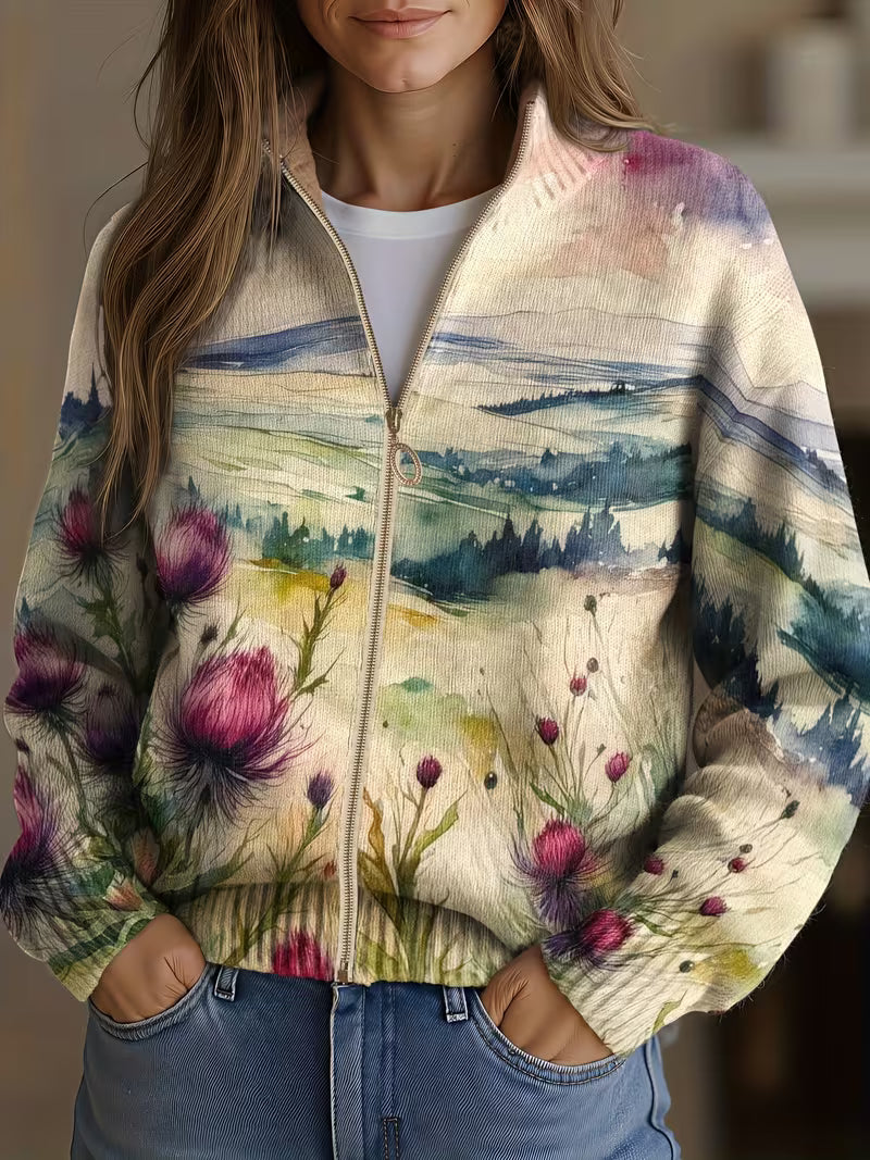 Zelda zip-front knit cardigan with a Scottish thistle landscape print.