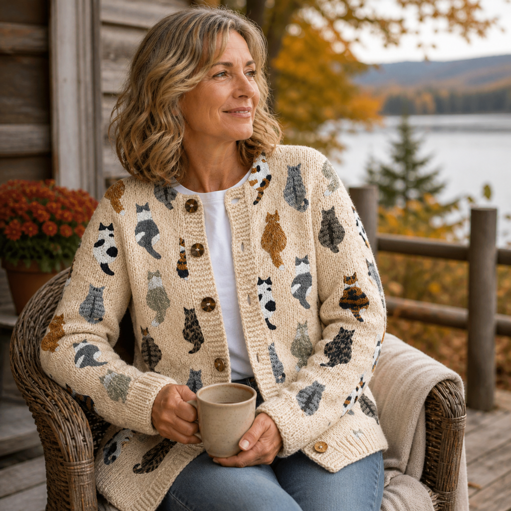 Marilyn | Cardigan à Motif de Chats Doux