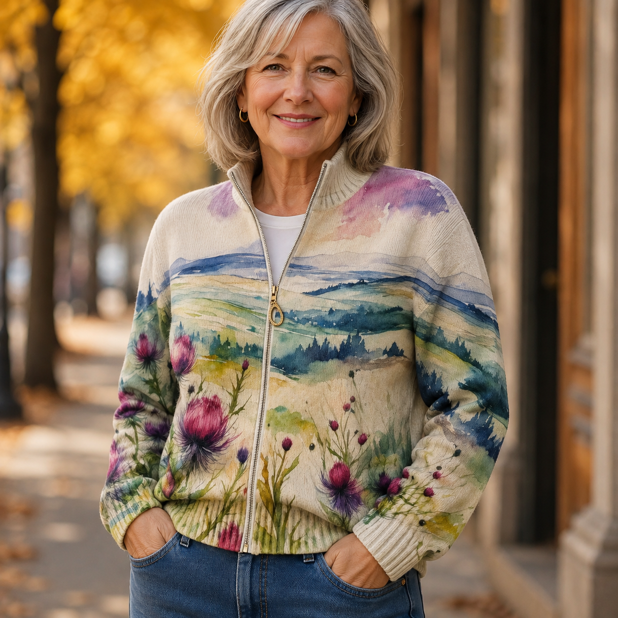 Zelda – Thistle Print Zip Cardigan