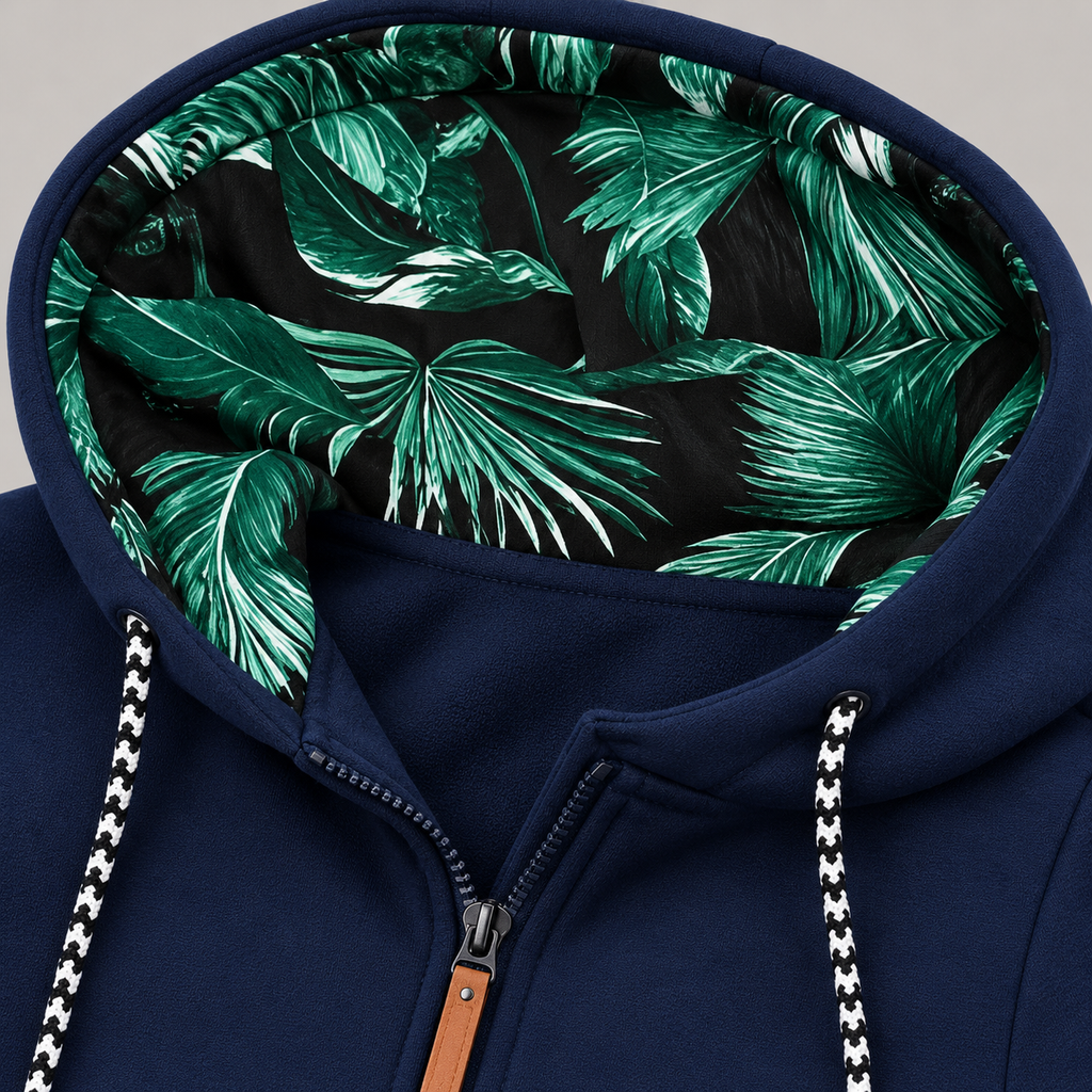 Maren long zip jacket – blue, close-up of the leaf-print hood lining and drawstrings