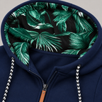 Maren long zip jacket – blue, close-up of the leaf-print hood lining and drawstrings