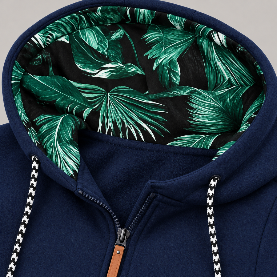 Maren long zip jacket – blue, close-up of the leaf-print hood lining and drawstrings