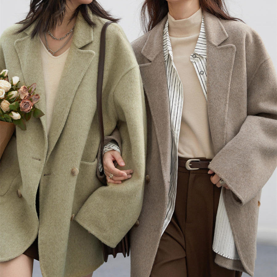 Agathe wool coat – sage and oatmeal, worn open over knitwear