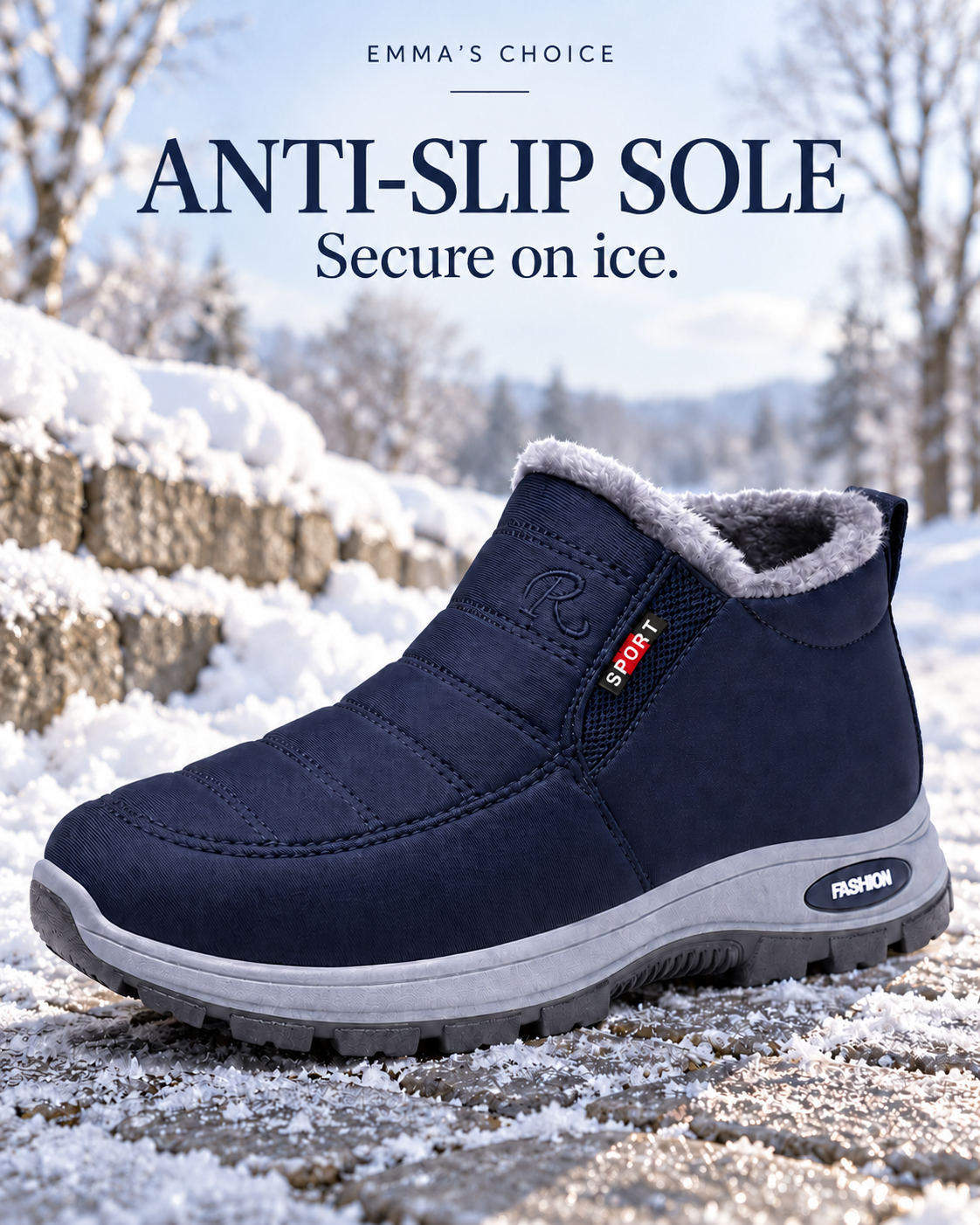 Astrid in dark blue on a snowy path, showing the thick sole