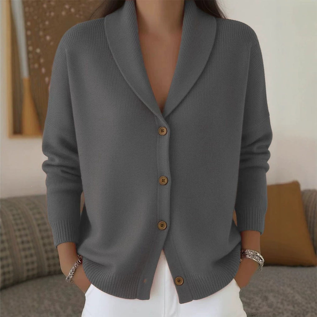 Close-up of the grey cardigan, showing the ribbed shawl collar and the wooden buttons.