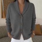 Close-up of the grey cardigan, showing the ribbed shawl collar and the wooden buttons.