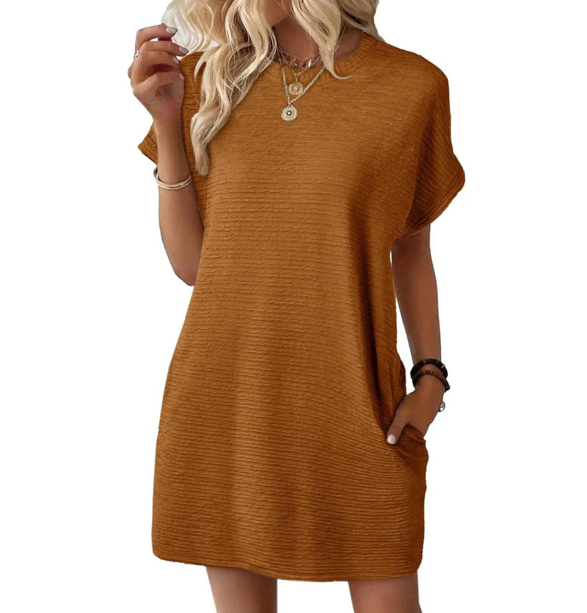 Nora textured T-shirt dress in caramel, side view