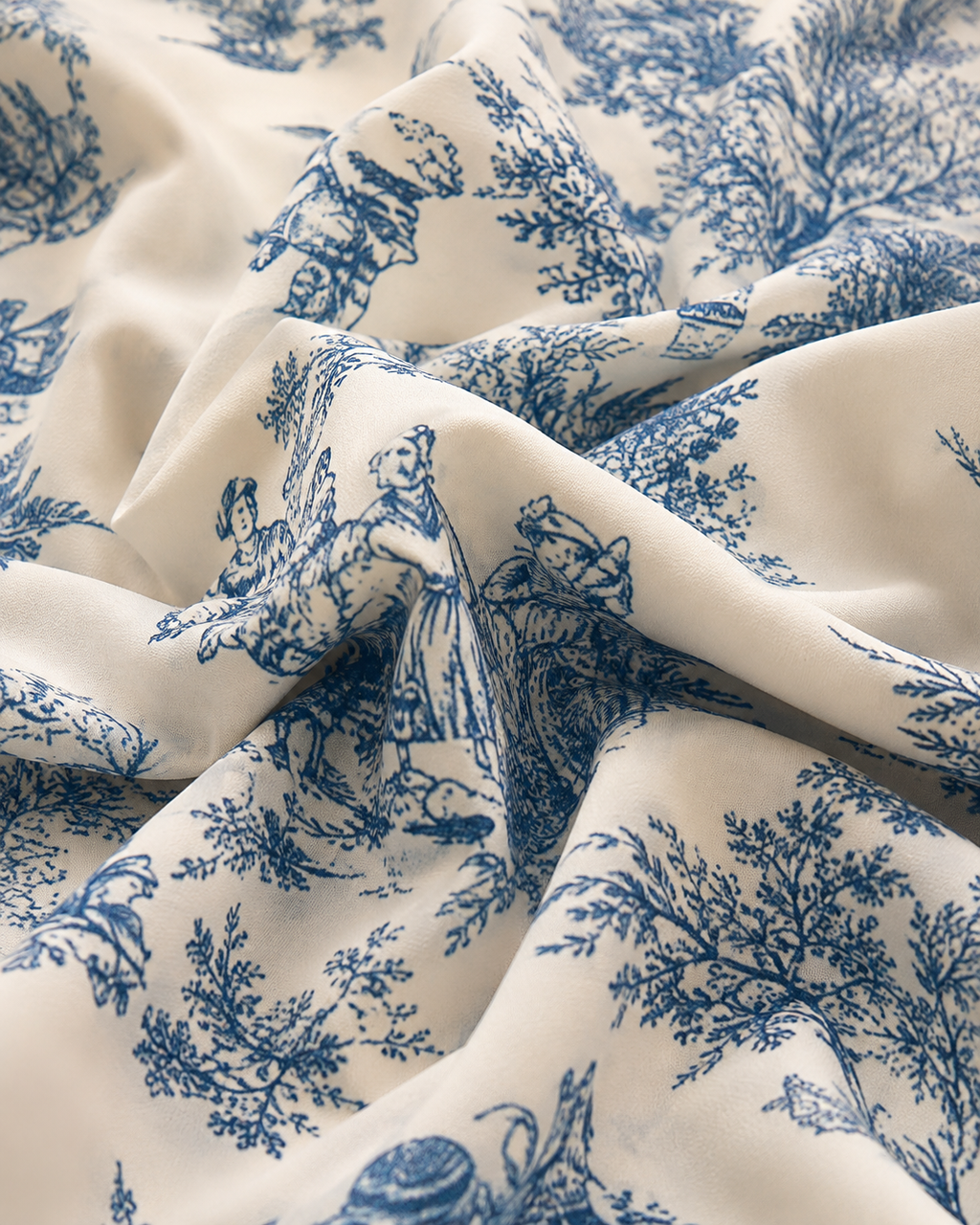 Fabric close-up of the blue toile print on cream, showing the matte crepe weave